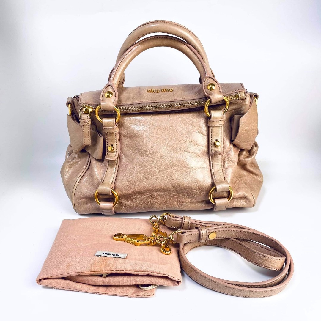 Miu Miu Mughetto Vitello Lux Leather Mini Bow Top Handle Bag