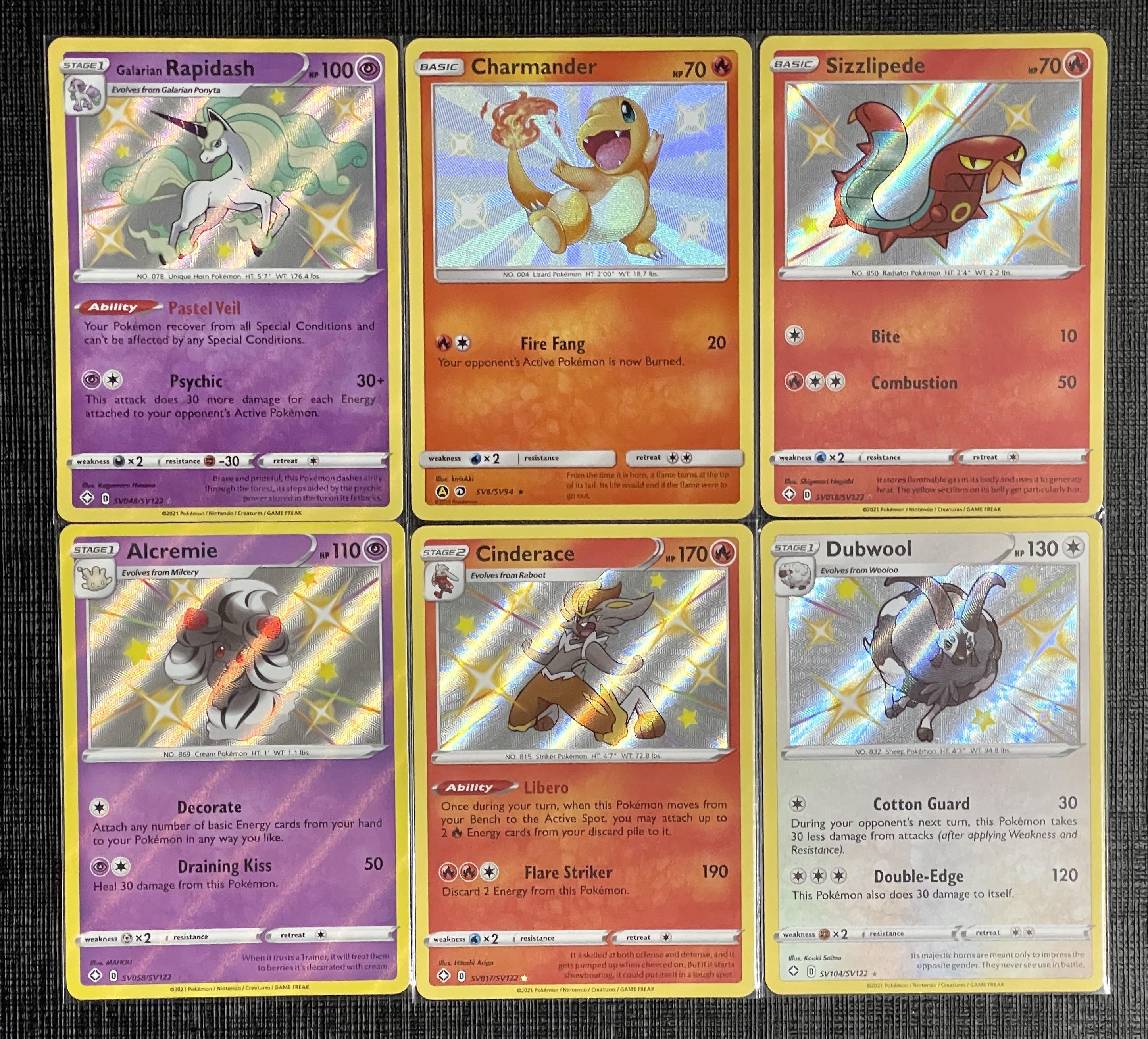 Shiny Galarian Rapidash Sv048 Sv122 Charmander Sv6 Sv94 Sizzlipede Sv018 Sv122 Alcremie Sv058 Sv122 Cinderace Sv017 Sv122 Dubwool Sv104 Sv122 Pokemon Tcg Cards Vaults Hidden Shining Fates Fate Trading Card Game Hobbies Toys Toys Games On
