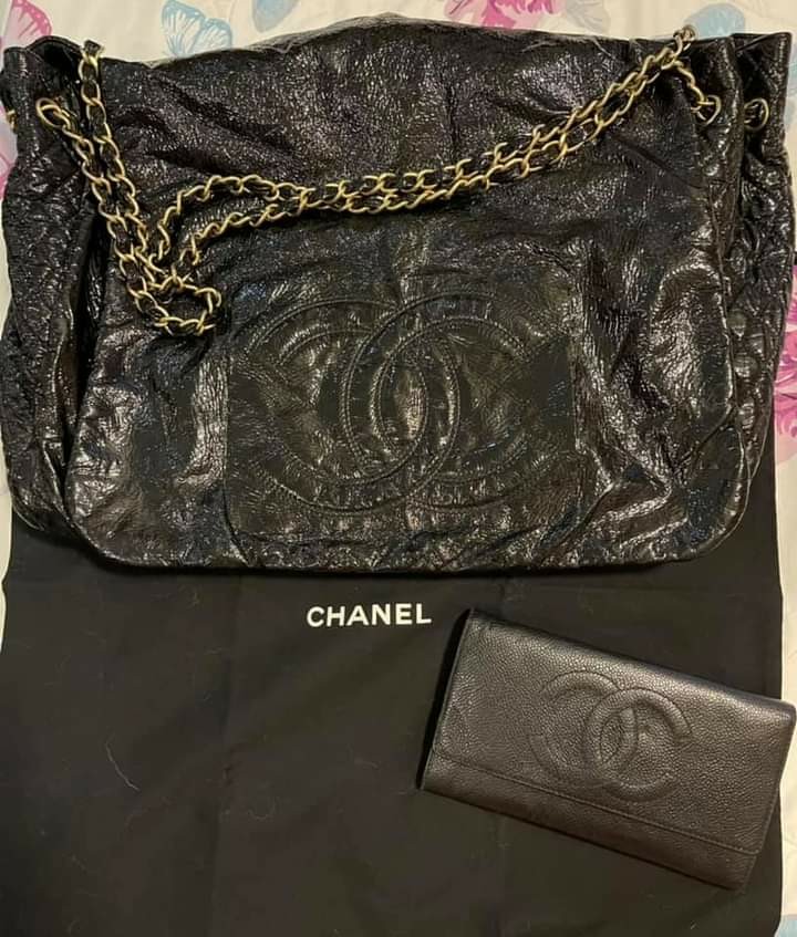 Chanel Black Patent Vinyl Large Rock and Chain Accordion Flap Bag