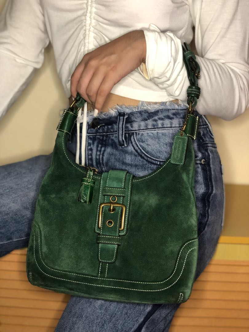 Original Vintage Coach Green Suede Medium Shoulder Bag