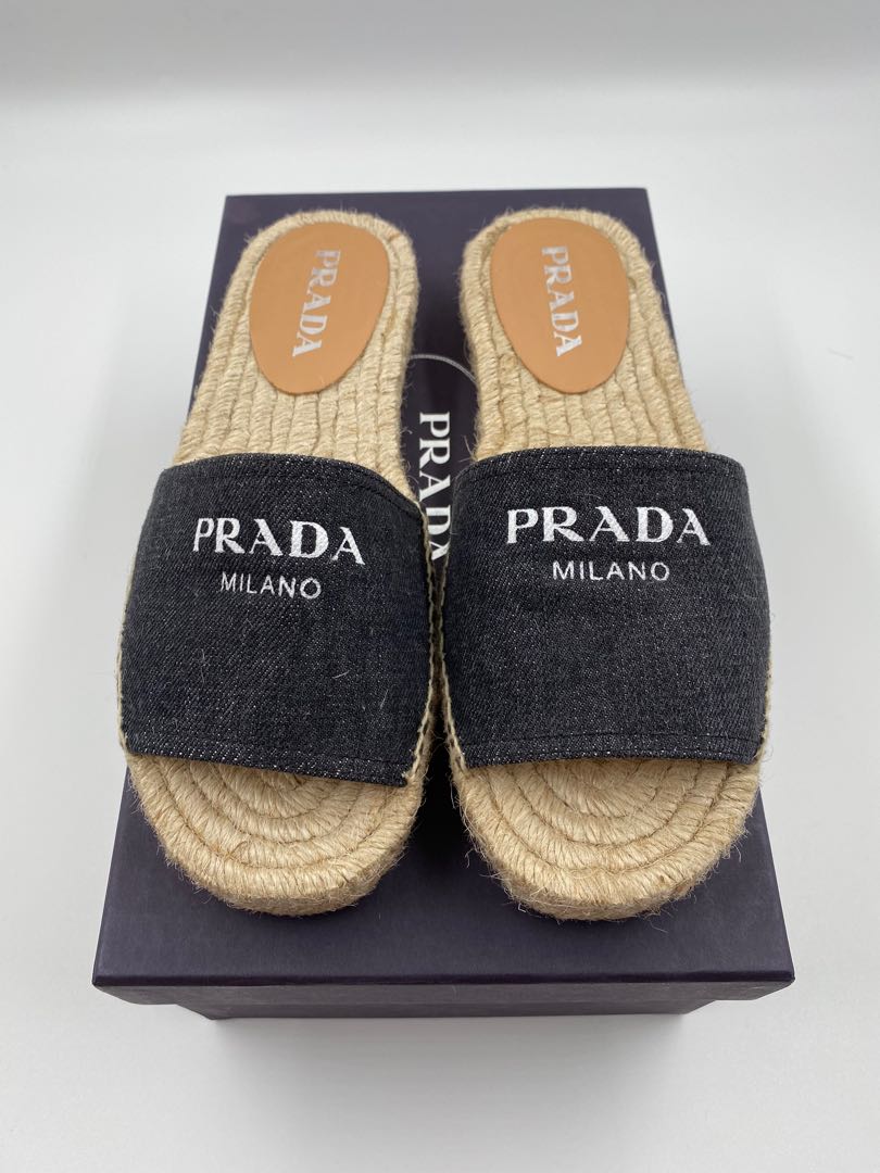 Prada floral store raffia slide sandals