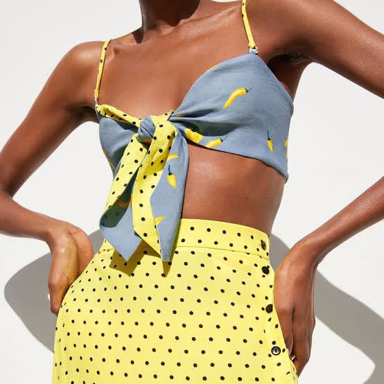 ZARA Reversible Polka Dot Blue Yellow Tie Cropped Top Women s