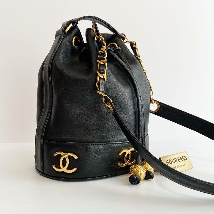 Chanel Small Entwined Chain Drawstring Bucket Bag Black Lambskin