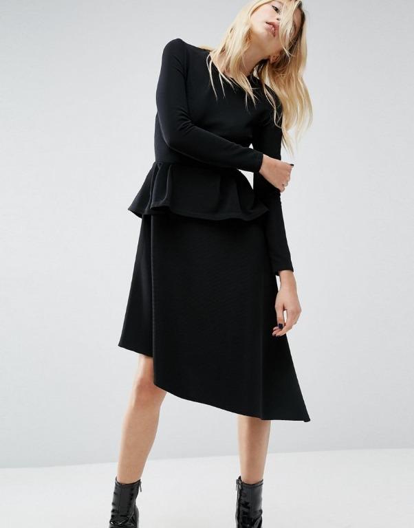 ASOS Black Asymmetric Dress with Peplum Skirt UK 18 EU 46 US