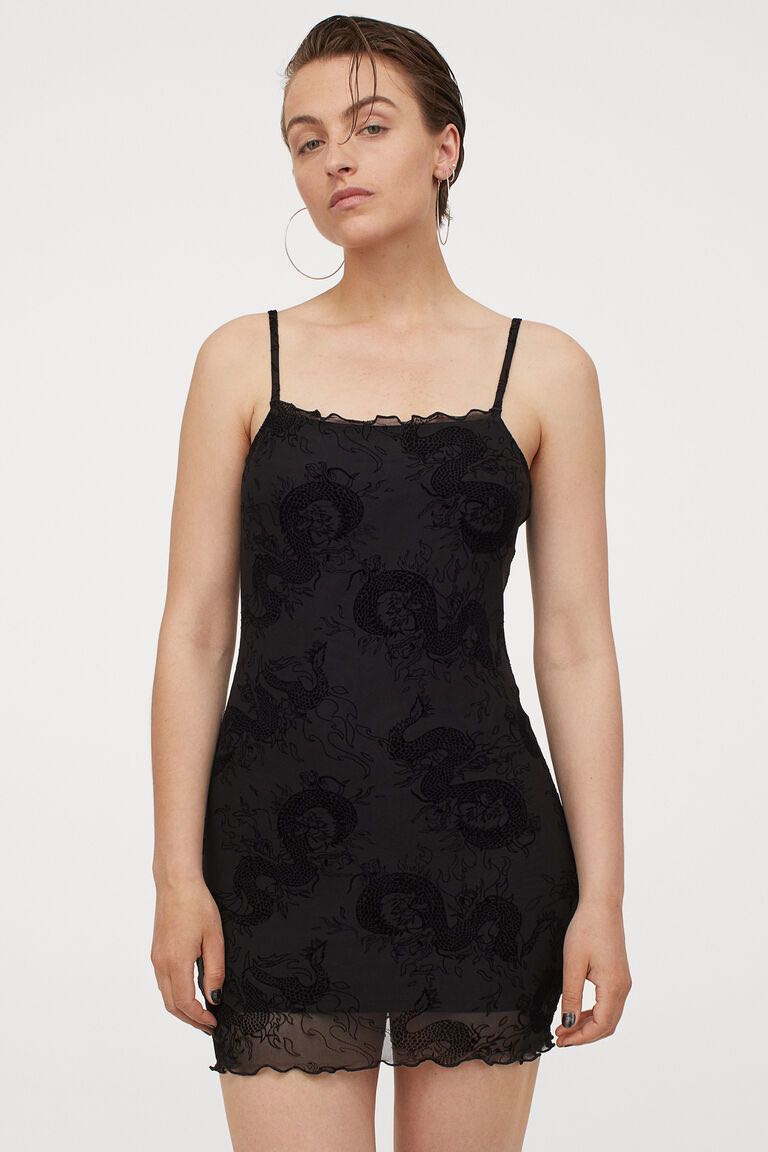 S NEW H M Mini Dress with Velvet Dragon Mesh Print in Black