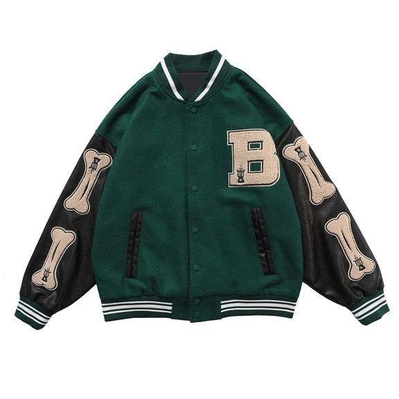 INSTOCKS vintage green y2k bone varsity racer jacket