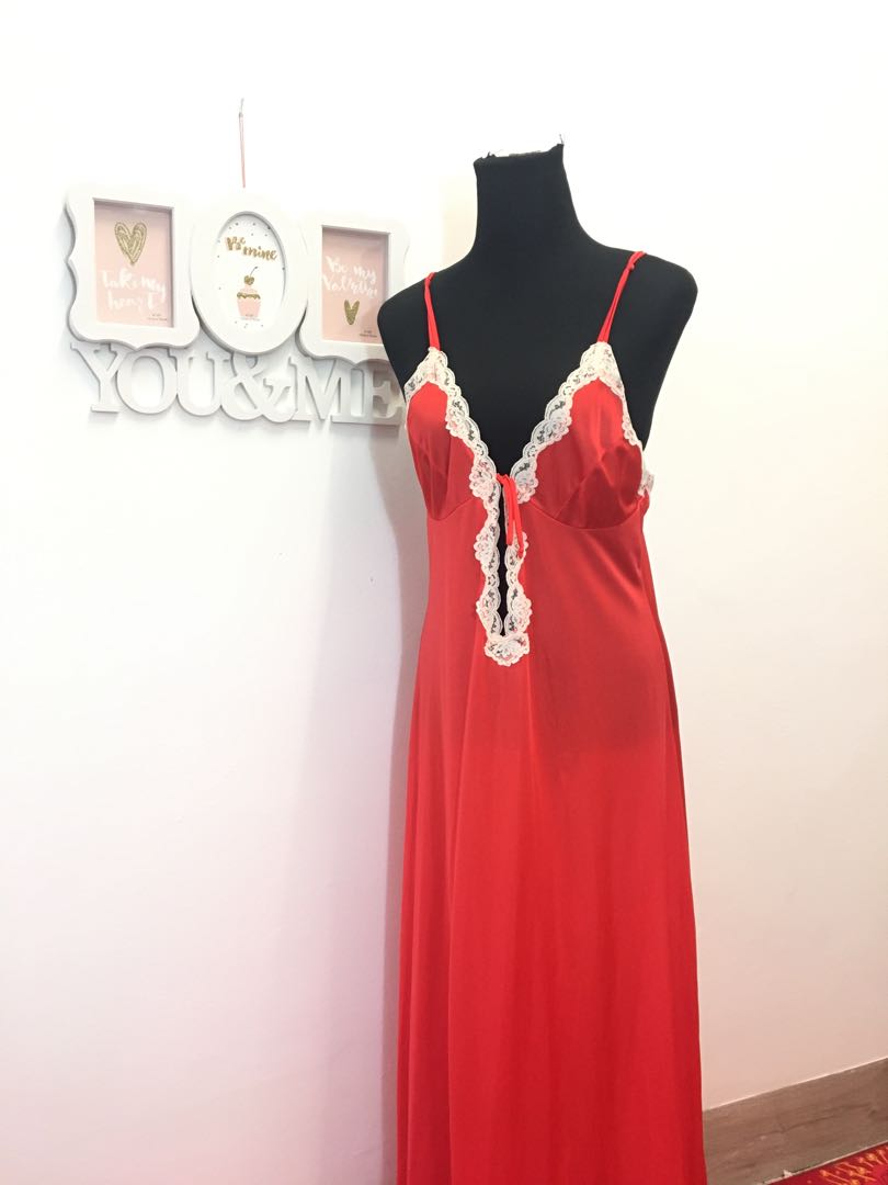 Liza Gaye Sexy Red Lace Lingerie Long Nightdress, Women's Fashion ...