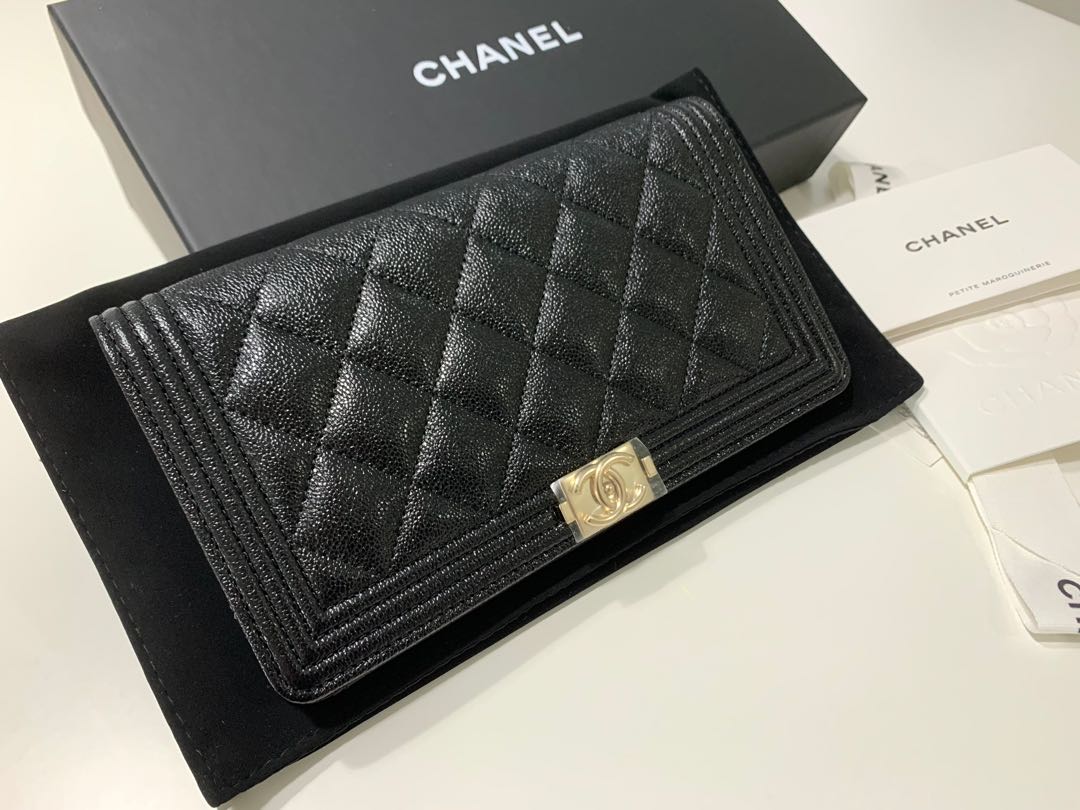 New: CHANEL BOY Bi-fold Long Wallet Quilted Caviar in Black, Luxury, Bags &  Wallets on Carousell