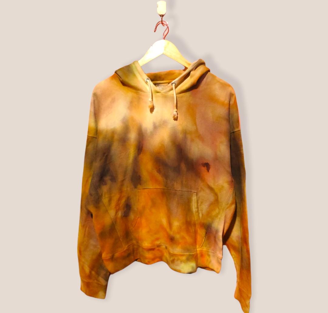 Yellow Champion Bleached Dyed Pullover Hoodie Size XL Small Flaws