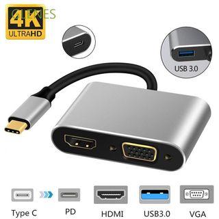[with Freebie] USB 3.0 Type C to HDMI/VGA/USB/USB-C 4K Adapter Audio Converter 4 in 1 Type-C HDMI+VGA+USB+PD Fast Charging Hub/Multiport