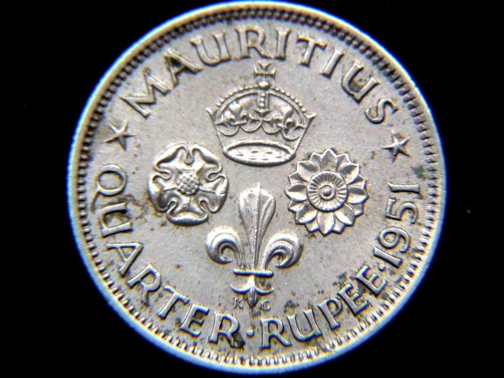 鎳幣-1951年英屬毛里求斯島(British Mauritius)殖民徽1/4盧比鎳幣(英皇佐治六世像), 興趣及遊戲, 收藏品及紀念品, 錢幣-  Carousell