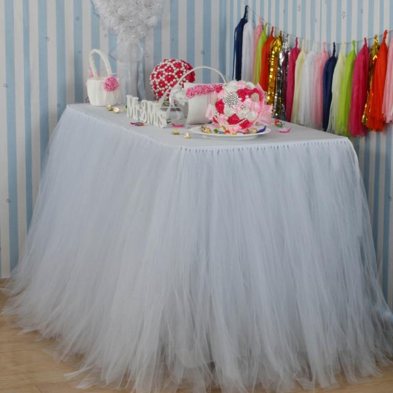 Pink and white tutu table skirt top
