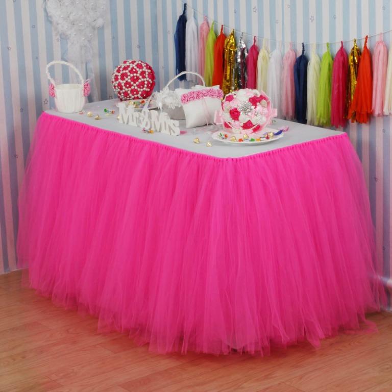 Pink and white tutu table skirt top