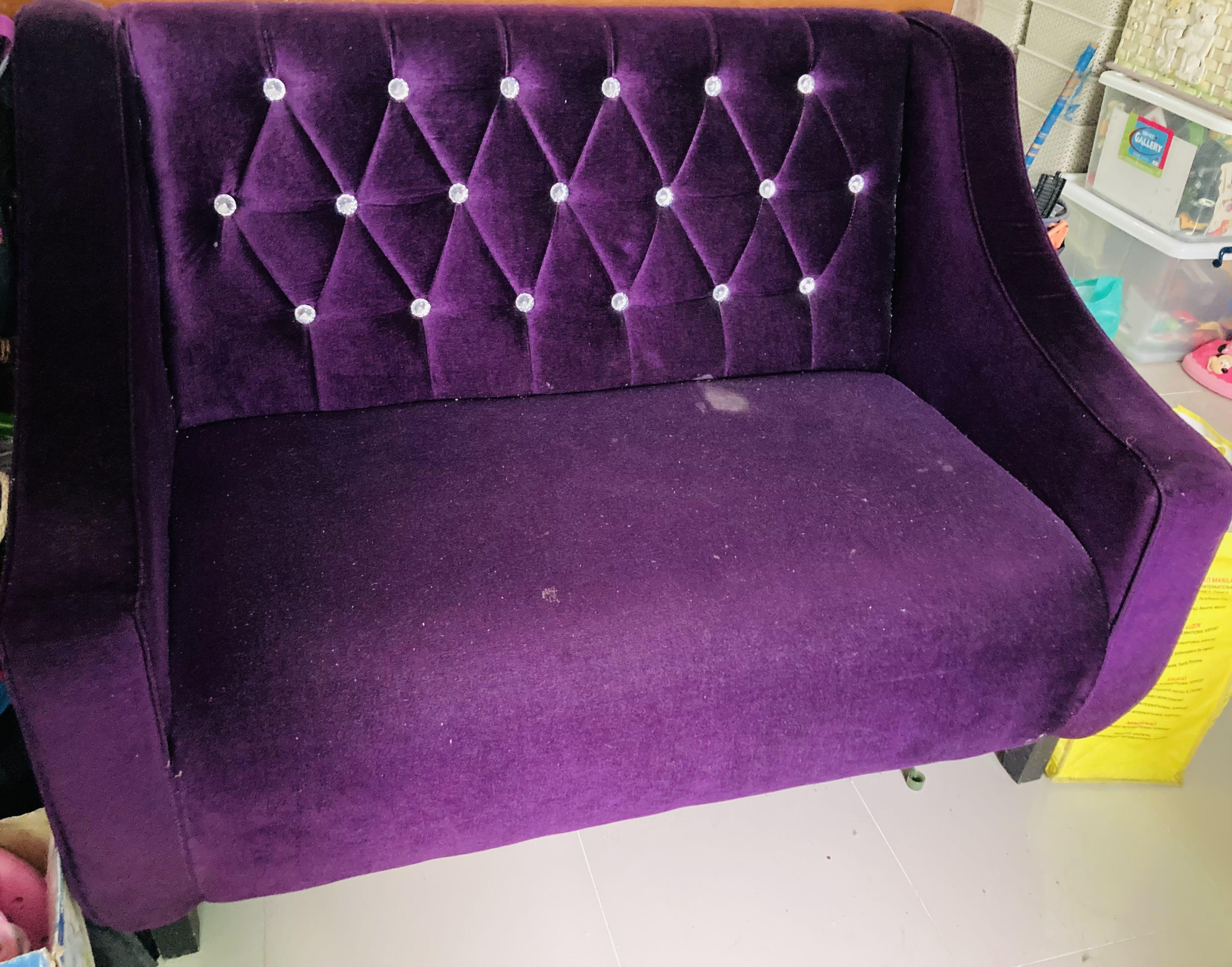 Purple Sofa set (Category: Sofas) located in Manila. Submitted by th1234shop (Listing ID 1114151818, Image 2). Description: Purple Sofa with diamond stone details. Texture is like gamuza type. Please see prices: 3 seater 7,000 2 seater 6000 Or take all for 12,000!!! Sofa sizes: 2 seater Length - 50inches Height - 36 inches Width - 31 inches Three seater Length - 64inches Height - 36 inches Width - 31 inches RFS: upgrade sofa to L-type / declutter