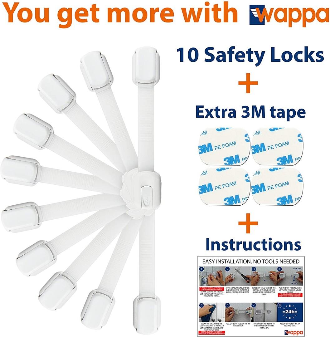 Child Safety Strap Locks (10 Pack) Baby Locks for Cabinets and Drawers,  Toilet, Fridge & More. 3M Adhesive Pads. Easy Installation, No Drilling