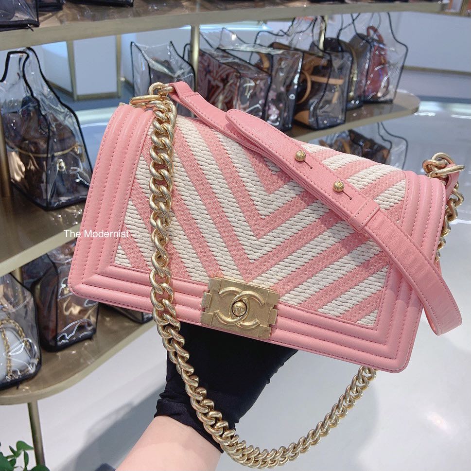 Authentic Chanel Medium Boy Bag Chevron Tweed Braided Pink