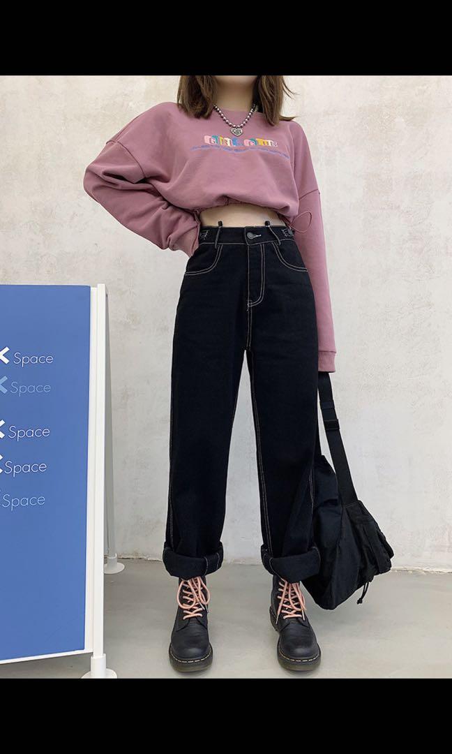 Y2K Black Straight Leg Jeans w White 