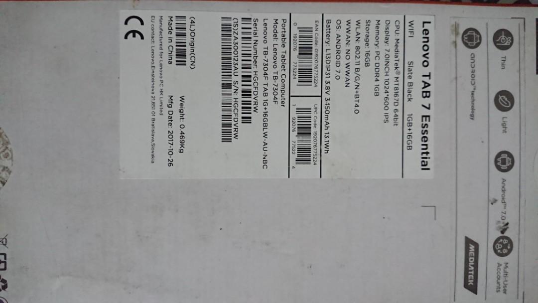 Lenovo Tab 7 essential, slate black (Category: Android) located in Mandaluyong City. Submitted by silentshark_08cad1 (Listing ID 1114452636, Image 2). Description: Slightly used, good as new, no scratches, no dents, no problems..very good tablet by lenovo.. Clear camera, back and Front...