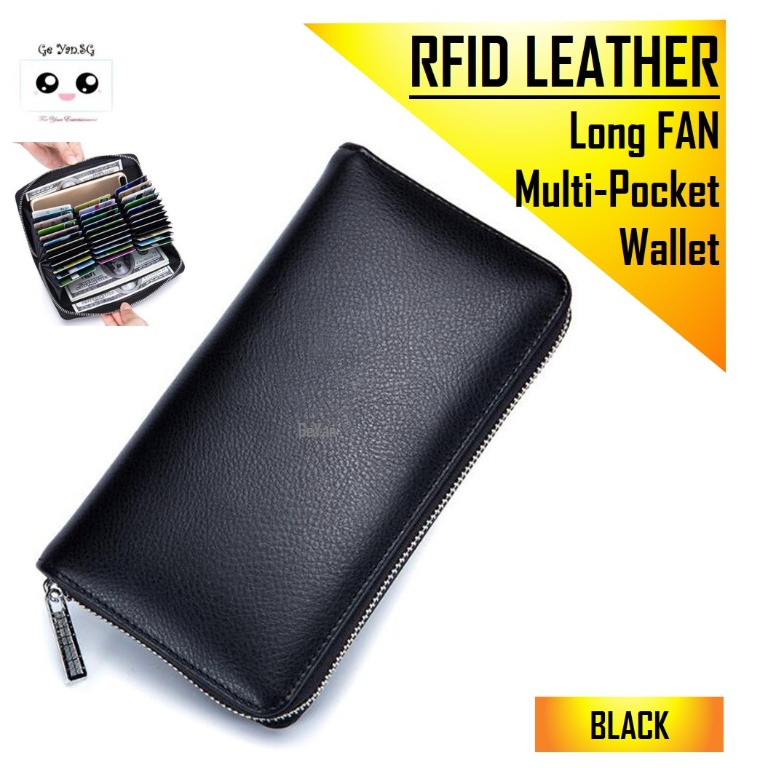 Rfid Card Holder Black Leather Wallet Cardholder Anti Theft Blocking Business Credit Name Case Pocket Wallets Organizer Unisex Men Women Slim Minimalist Design Fan Long 36 Cards Men S Fashion Watches Accessories