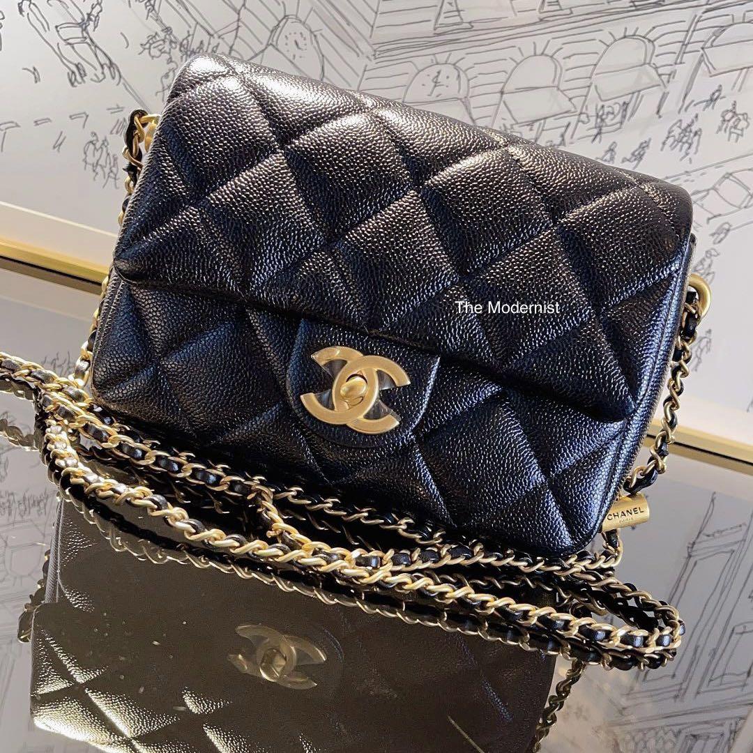 Authentic Chanel 21K Mini Flap Bag Black Caviar Gold Hardware