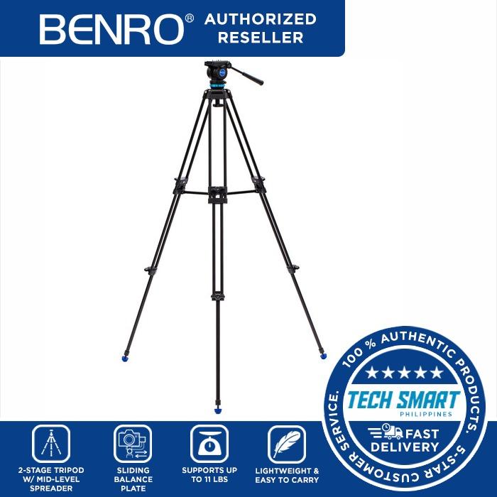 Benro KH25N Basic Video Tripod Kit (Category: Tripods & Monopods) located in Manila. Submitted by techsmartph (Listing ID 234798472, Image 1). Description: * 11 lb Capacity Video Head * Sliding Balance Plate * 29.5 to 61.6" Height Range * Continuous Pan Drag/Fixed Tilt Drag * 2 x Retracting Locating Pins on Plate * 60mm Leveling Ball * 2-Stage Tripod with Mid-Level Spreader * Independent Twist-Lock Leg Adjustment * Dual Spiked Feet & Rubber Feet 