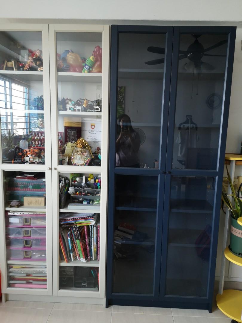 Billy bookcase with glass cheap doors dark blue