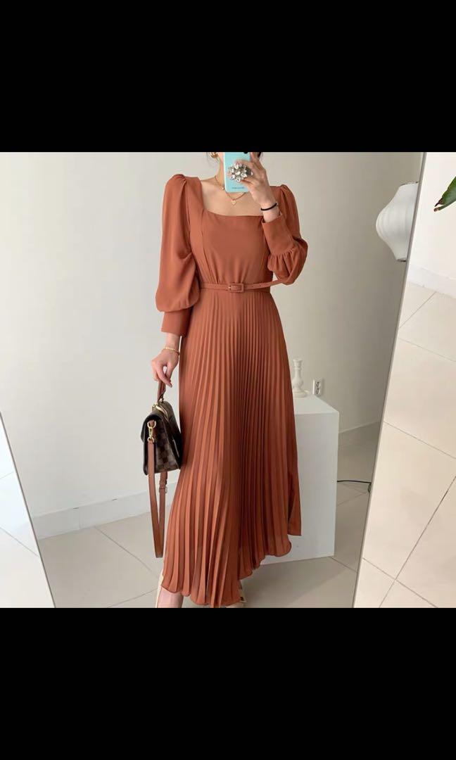 rust colored maxi dress with sleeves