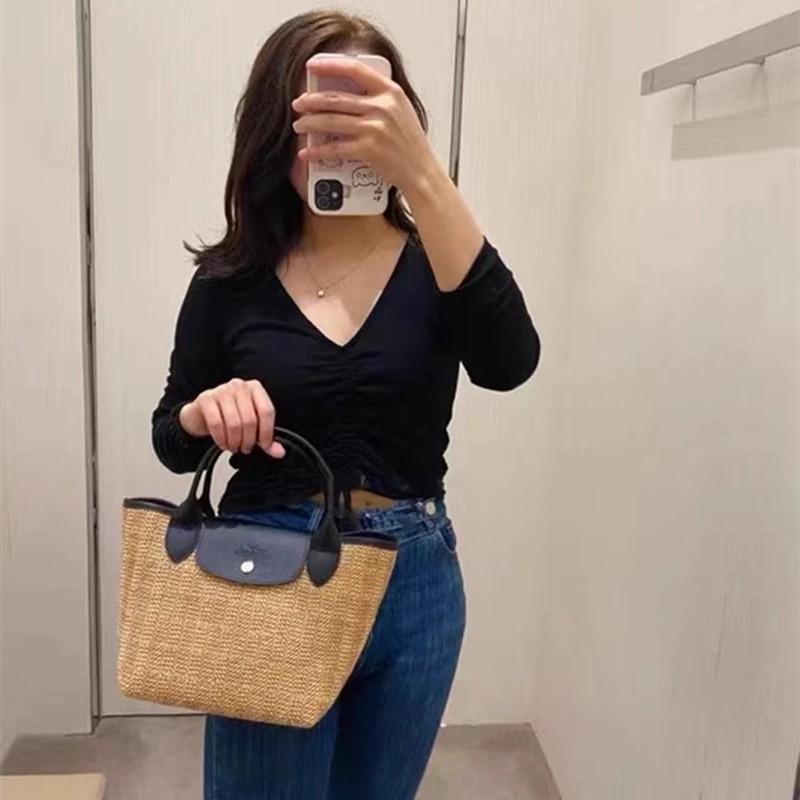 PO Longchamp Straw & Leather Shoulder Bag (2 sizes), Women's Fashion
