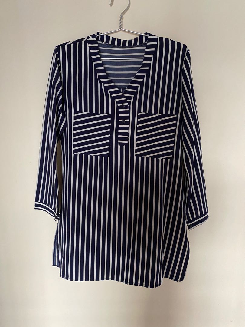 Navy Blue Striped Blouse, Women's Fashion, Tops, Blouses on Carousell