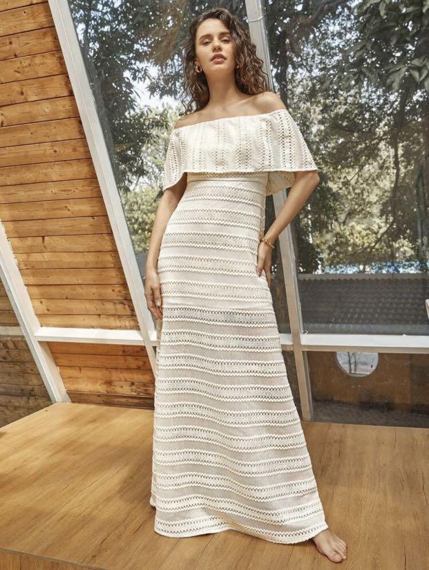 Free shipping Off shoulder crochet maxi dress in Off white 2015