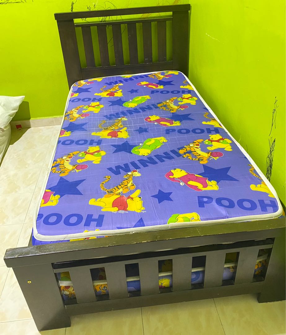 SINGLE BED+PULL OUT+MATTRESS, Furniture & Home Living, Furniture, Bed