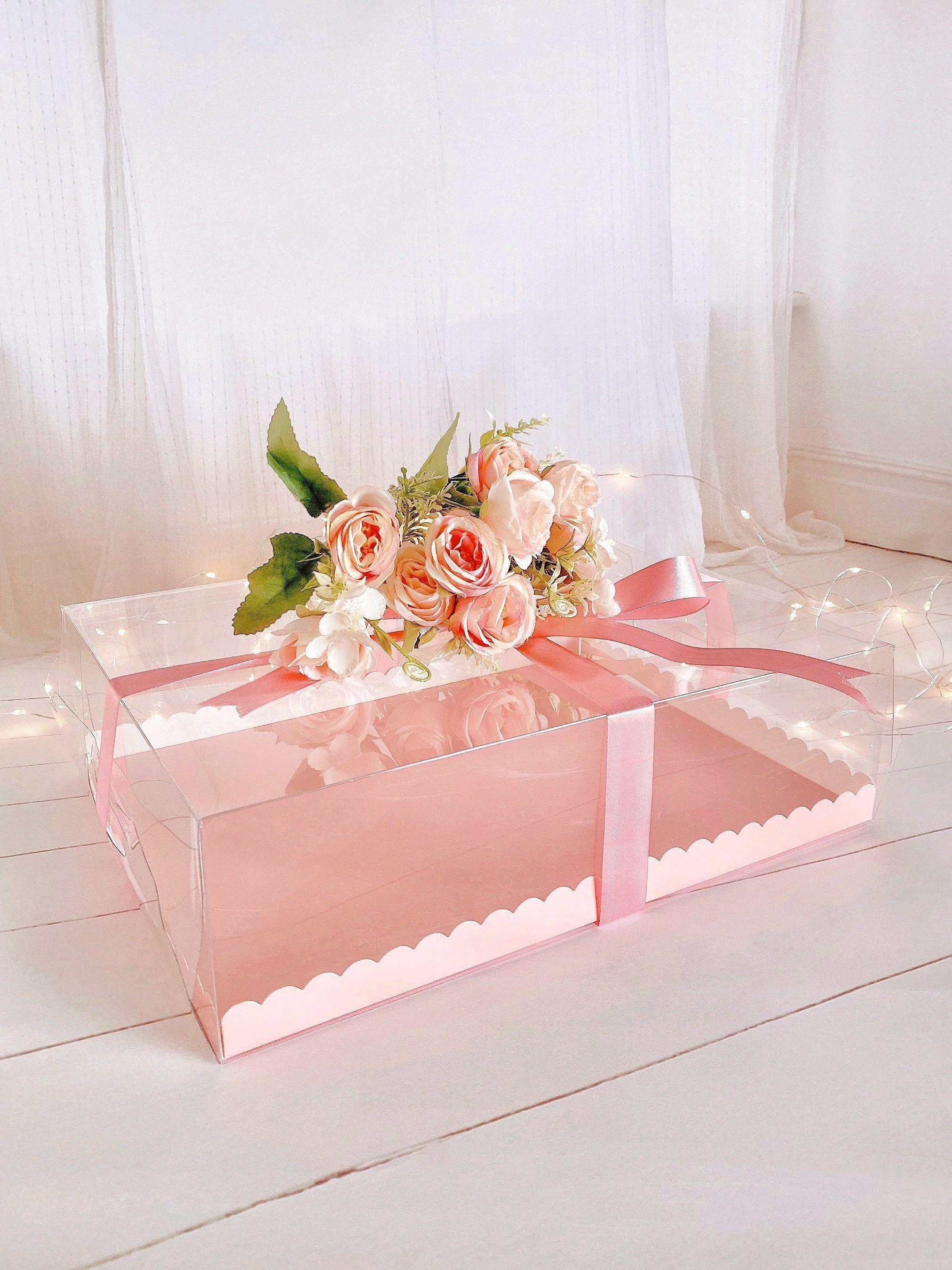Transparent Rectangle Box Transparent Clear Rectangle Cake Box For Number Cake Cupcake Pastry Brownie Gift Berkat Hantaran Macaron Egg Tart Puff Eclair Packaging Box With Pink Base Board Food Drinks Homemade