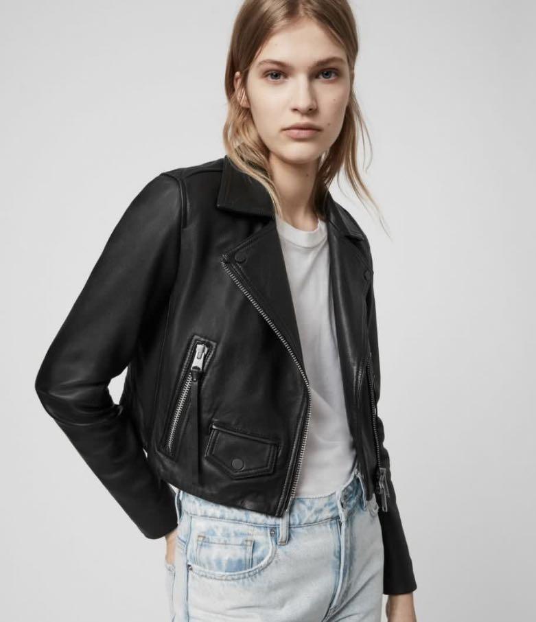 AllSaints Cropped Leather Biker Jacket Women s Fashion Coats