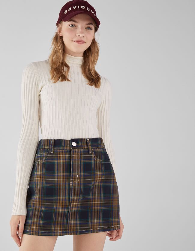Bershka checked pleated mini skirt in mint online