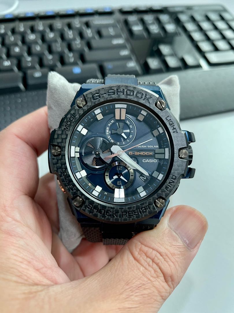 Casio G SHOCK GST B100 Carbon Fibre with Blue Accent