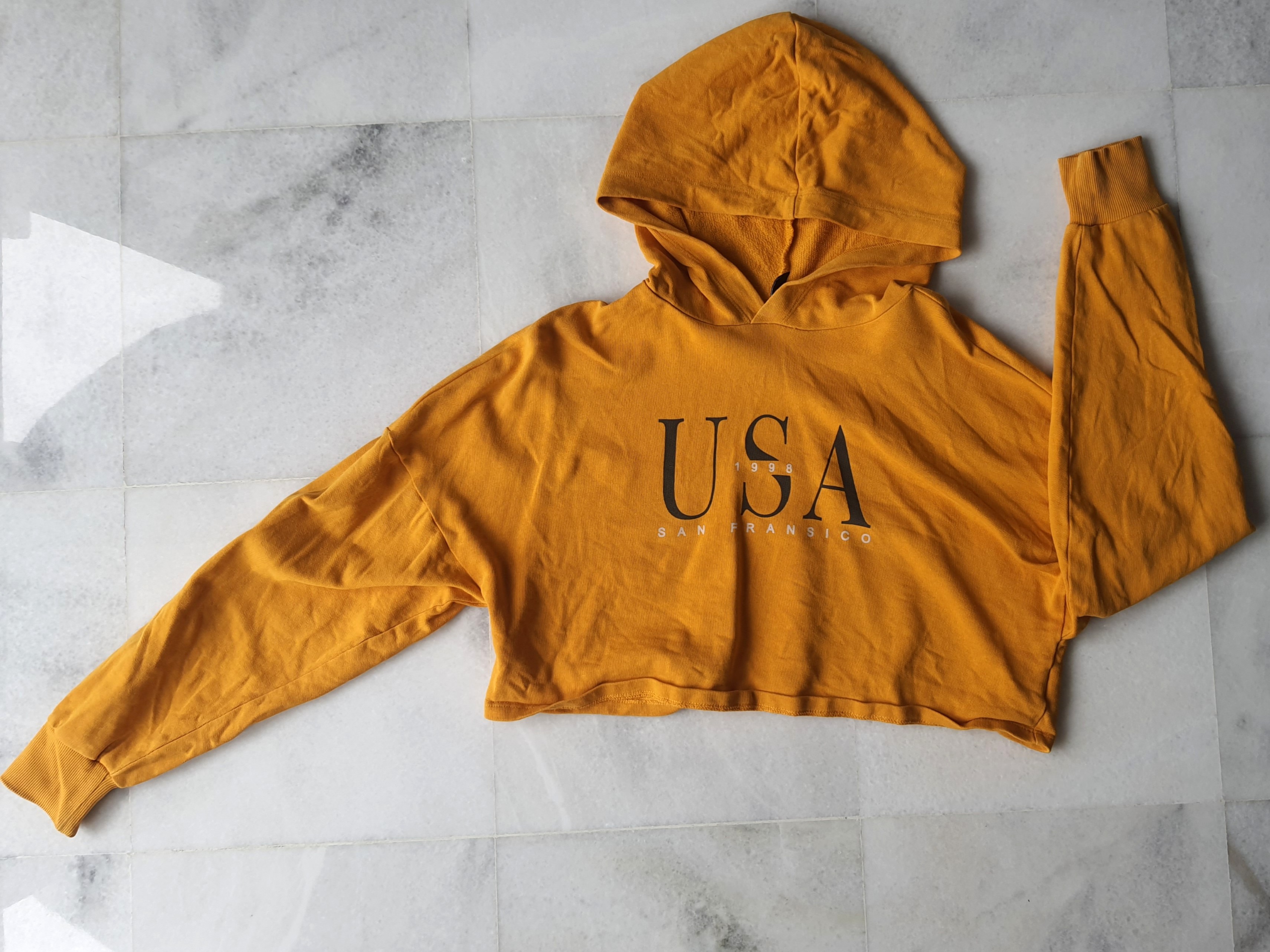 Crop Hoodie Mustard Yellow USA H M Y2k