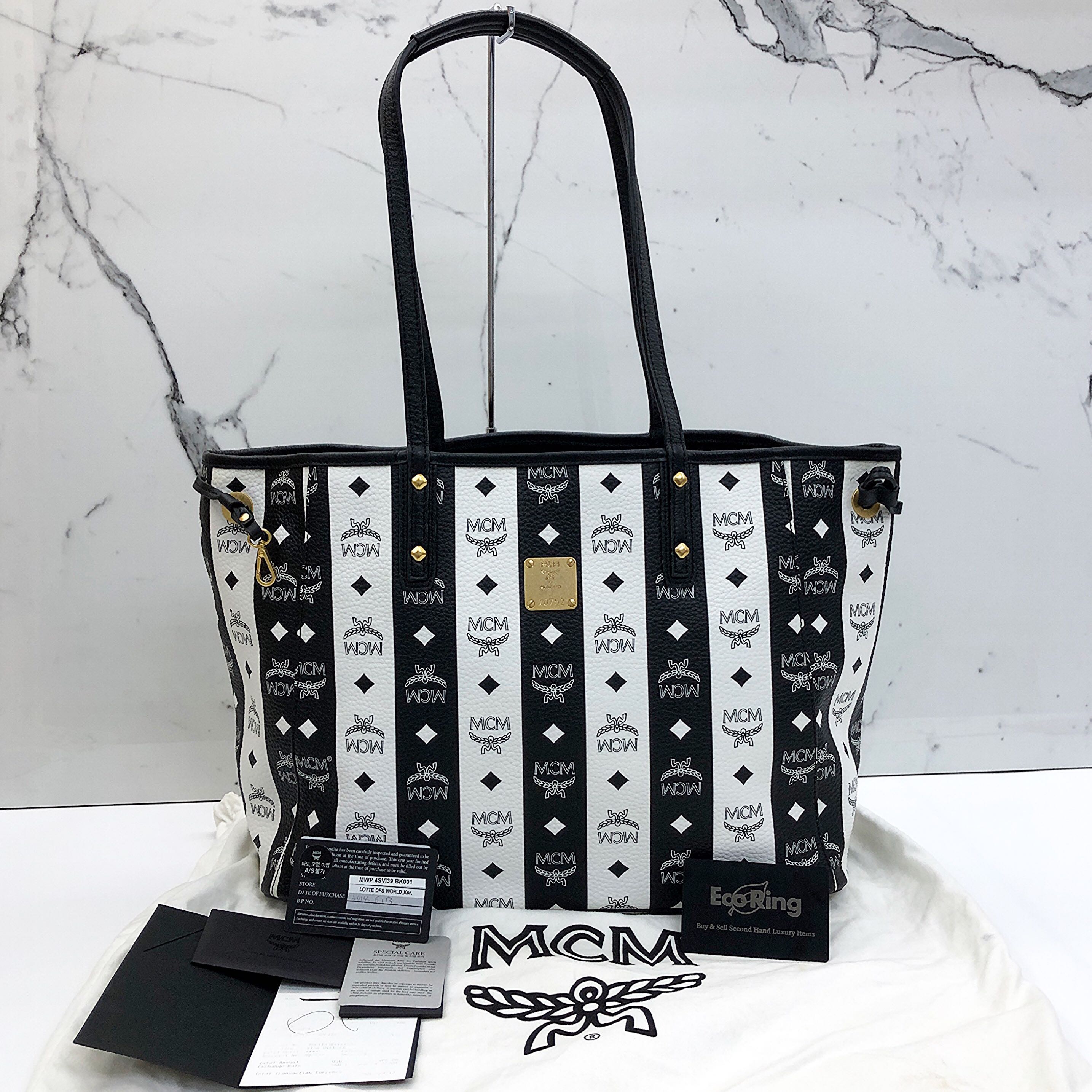 Black and white mcm tote bag online