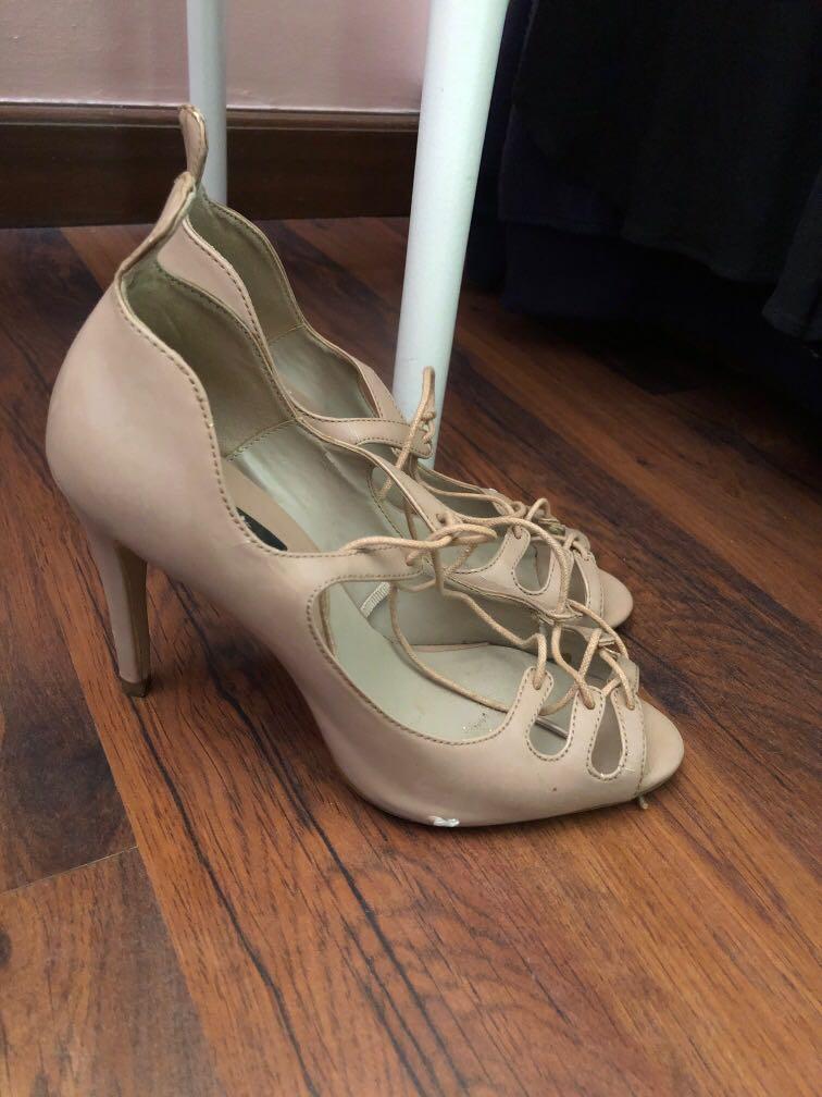 Zara basics nude lace up heels Women s Fashion Footwear Heels
