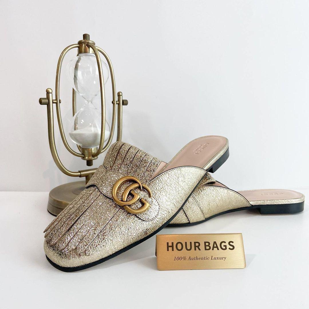 gucci gold fringe mules