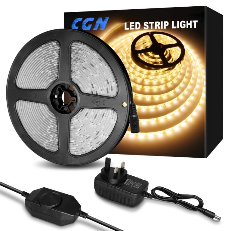 300 SMD 2835 LEDs Cabinet Under Bed Kitchen 5M Daylight White Strip Lighting Stairway 12V Power Supply and Dimmer Switch Included CGN Dimmable LED Strip Light Kit IP65 Waterproof for Wardrobe 