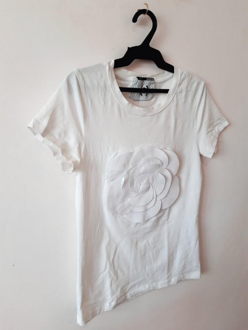 CHANEL Tulle Flower Lace Logo TShirt Tops Women Size 40 Gray Black From  Japan  eBay