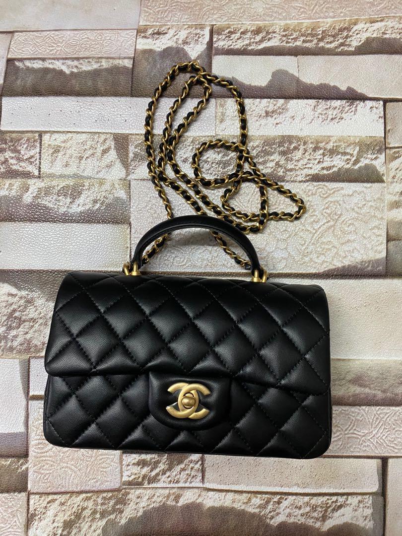 Chanel cf20 cf20cm handle bag flap bag 黑色羊皮, 名牌, 手袋及銀包- Carousell