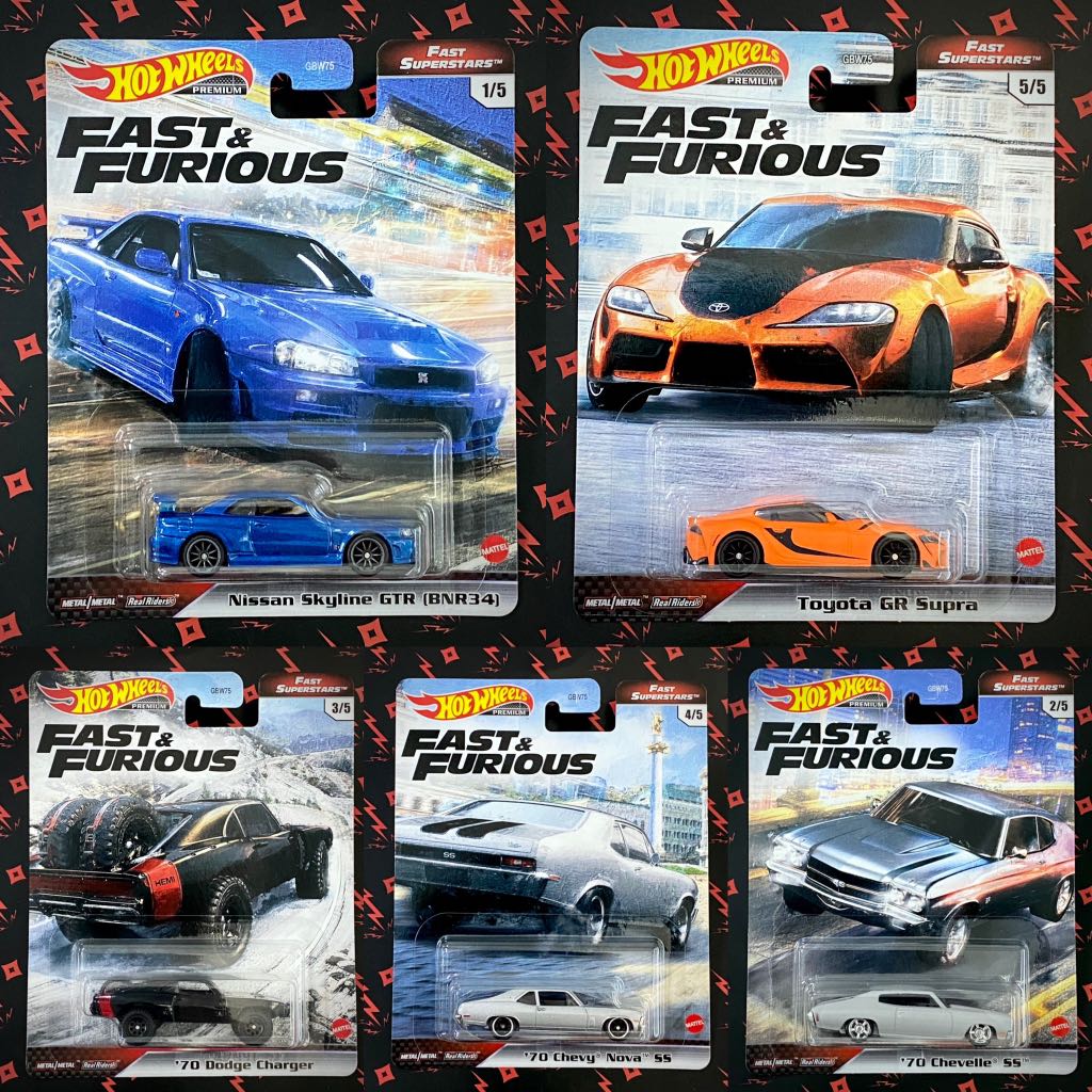 Hot Wheels Fast & Furious F9+ Premium 5 Pezzi: Mustang, Chevelle, Skyline, Supra, Nova, 1:64, 2022