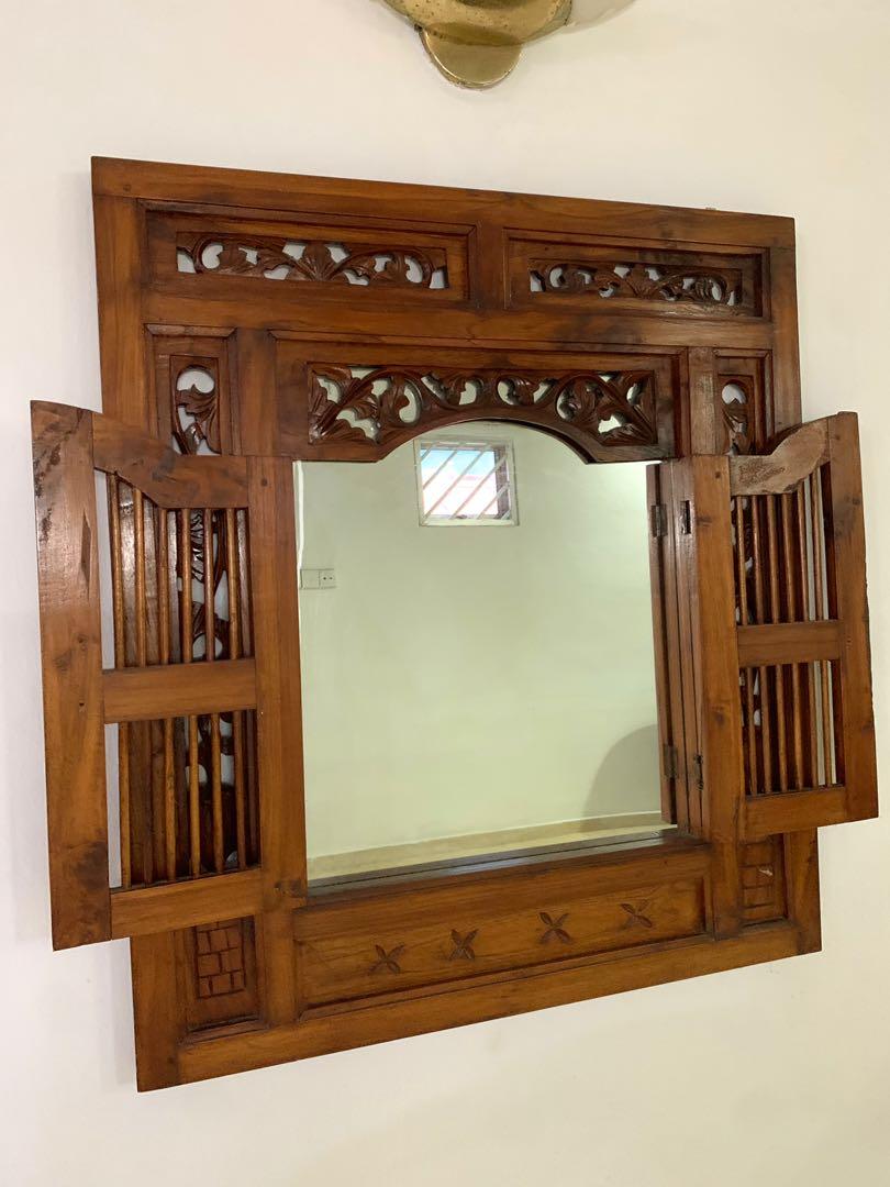 indonesian teak wood mirror (brown vintage hand carved handmade indonesia balinese solid window