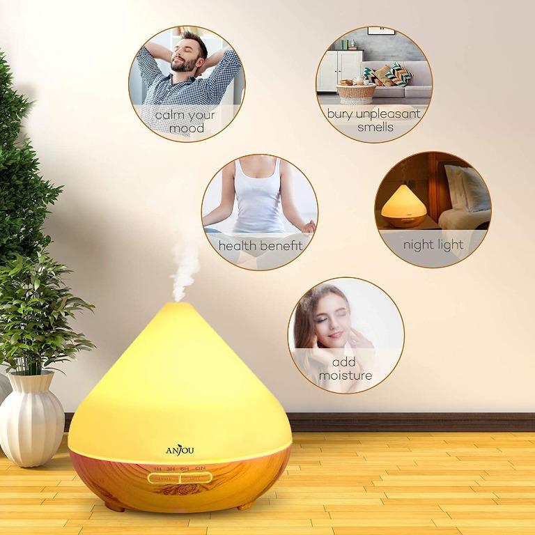 Anjou 300ml Aromatherapy Diffusers Ultrasonic Aroma Humidifier with Cool Mist Waterless Auto Shut-Off 7 Color LED Lights Essential Oils Diffuser 4 Timer Settings 