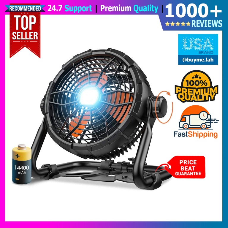 Outdoor Floor Fan with Light, 14400mAh 12Inch Large Battery Operated