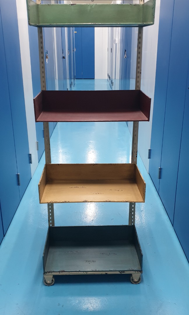 Vintage metal rack with 4 colourful trays, Furniture & Home Living