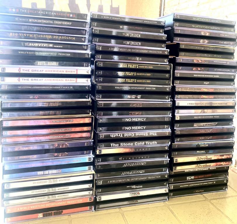 WWE Events and Docu VCDs (Category: CDs & DVDs) located in Bacoor. Submitted by markgregoryo (Listing ID 1114786517, Image 1). Description: PLS READ PO MUNA maalikabok at medyo madumi nung mga case, may ilan na may crack yung case,meron din mana mint condition pa, hindi ko na natry kung magplay pa siya pero personal collection yan at ingat na ingat naman, hindi ko na nacheck if may mga scratches yung cd kasi sobrang dame yung iba diyan hindi din 