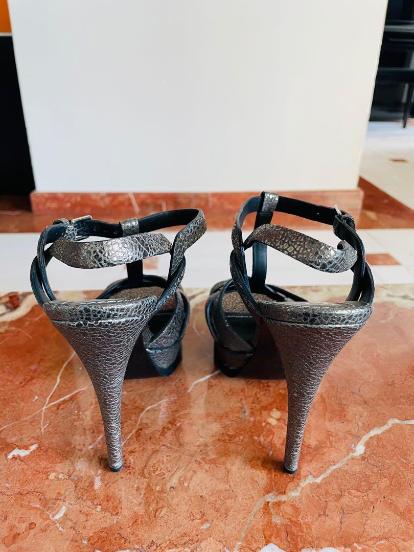 YSL metallic dark silver tribute sandals