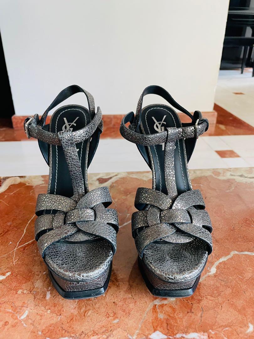 YSL metallic dark silver tribute sandals Women s Fashion Footwear Heels on Carousell